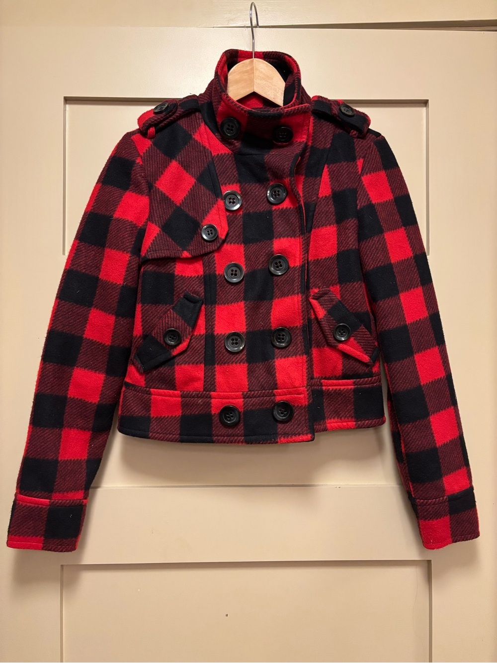 FOREVER 21 Buffalo Check Plaid Polar Fleece Utility Crop Jacket Mock Funnel Crop